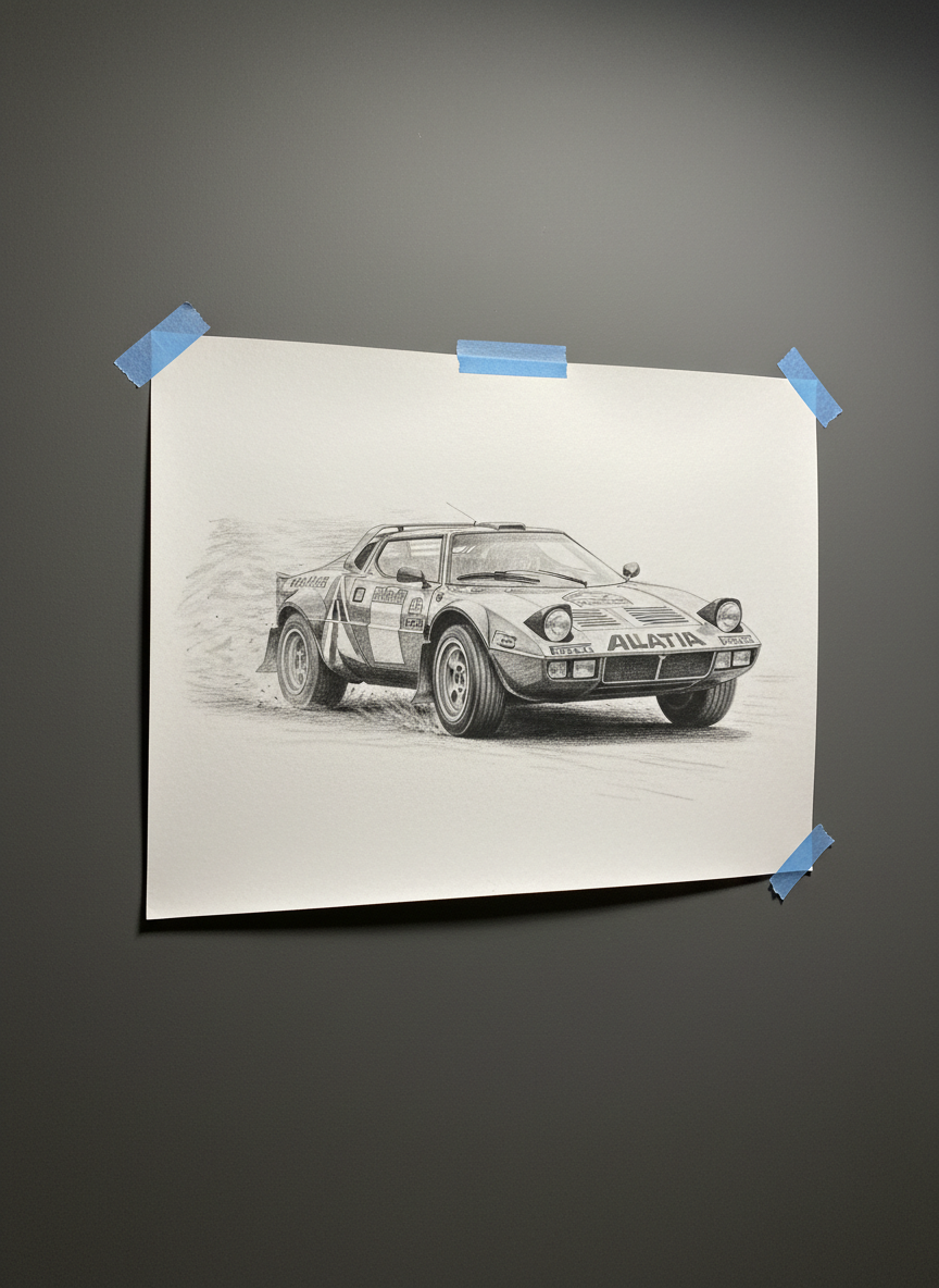 A finished pencil illustration of a vintage rally car drifting through a suggestion of dust, all rendered solely with graphite on heavyweight drawing paper, photographed as a portfolio piece. Motion is implied through dynamic, angled hatching and blurred graphite smudges trailing behind the rear wheels, while the car itself is crisply detailed with sponsor decals translated into tonal blocks. The sheet is taped lightly to a neutral foam board leaning against a matte charcoal wall. Overhead and slightly frontal studio lighting creates even illumination but leaves a soft shadow halo around the board, floating it from the background. Captured at eye level with a slight three-quarter view, the composition follows the rule of thirds, the car angled into open space. The mood is bold and dynamic while maintaining a clean, professional, photographic realism ideal for showcasing expressive automotive art.