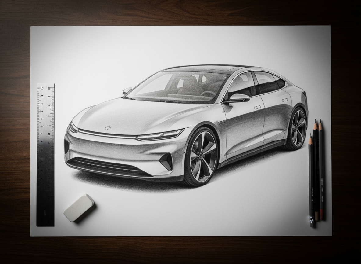 A highly detailed pencil drawing of a modern electric sedan in three-quarter front view, lying flat on a dark walnut desk surface. The car’s smooth body panels, LED headlights, and aerodynamic wheels are shaded with precise hatching and smooth gradients, emphasizing reflections and metallic surfaces while remaining entirely monochrome. A metal ruler, precision eraser, and technical drawing pencils are arranged with intentional order around the sheet, suggesting a professional workflow. Overhead studio lighting creates soft, controlled highlights on the graphite areas and a subtle vignette around the composition. Captured from directly above with sharp photographic realism, the composition is centered and balanced, creating a refined, professional mood suitable for a portfolio cover image.