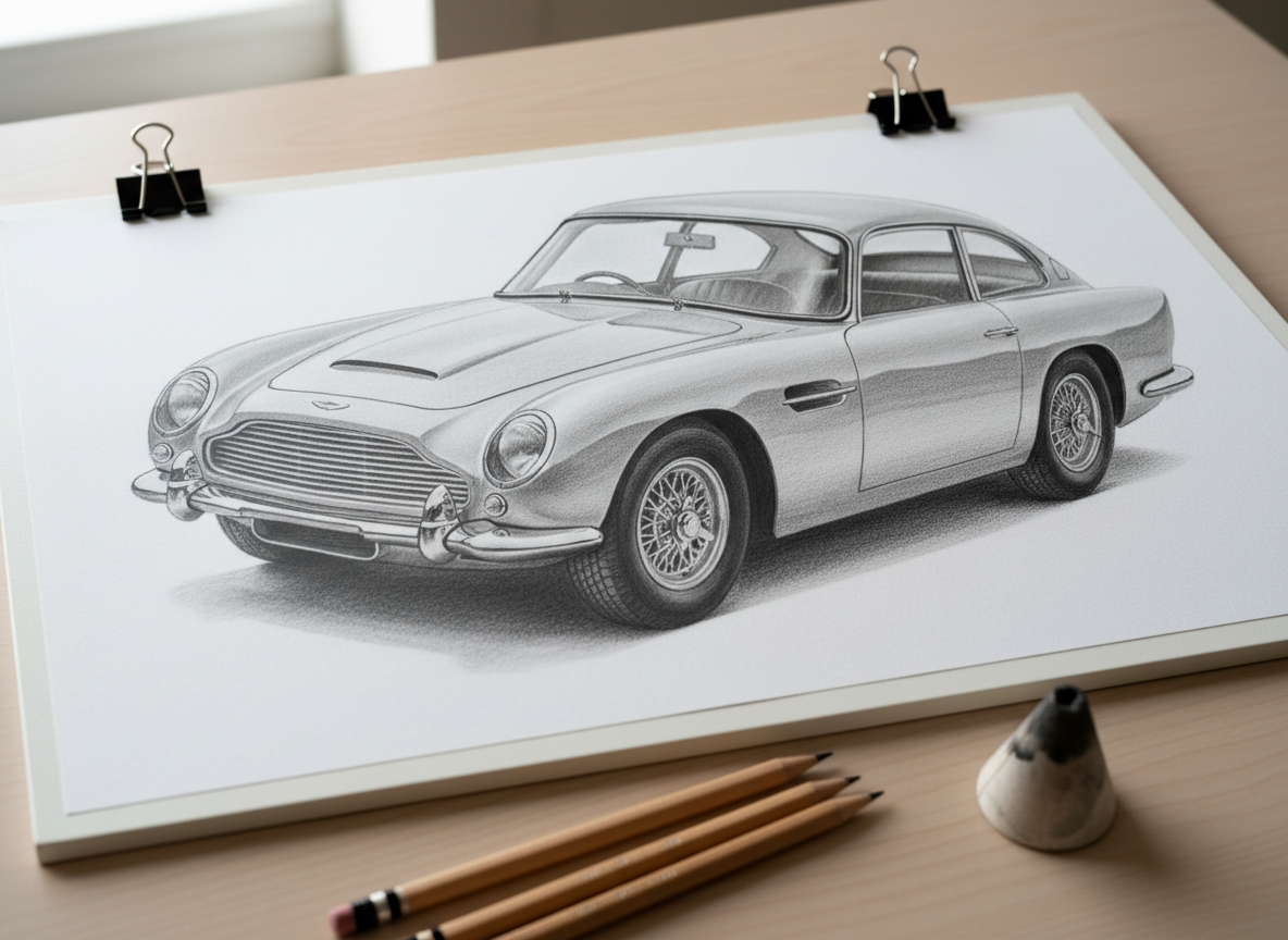 A meticulously rendered graphite drawing of a classic 1960s sports coupe, photographed as a finished artwork clipped to a clean white drawing board. The paper’s fine tooth texture is clearly visible, with soft pencil gradients defining the car’s curves, chrome reflections, and glass surfaces in rich monochrome. A set of well-used wooden pencils and a blending stump rest neatly along the bottom edge. Soft, diffused daylight from a nearby window creates gentle, even illumination and subtle shadows beneath the paper, giving a calm, professional studio feel. Shot from a slightly elevated, three-quarter angle with sharp focus on the drawing and a minimal, blurred background, emphasizing the precision and realism of the car illustration in a clean, modern portfolio style.