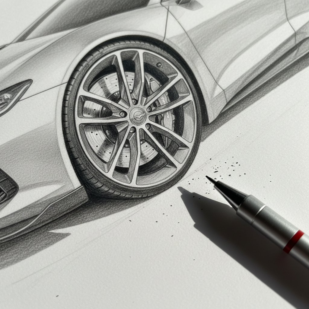 A close-up photographic view of a pencil drawing in progress showing only the front wheel and fender of a high-performance supercar, captured on smooth bright white paper. The tire tread, alloy rim spokes, and brake disc are rendered with meticulous graphite detail, including subtle reflections and specular highlights mimicked through erased areas. A single sharpened mechanical pencil rests diagonally across the corner of the page, with tiny graphite shavings visible nearby. Directional side lighting from the right creates pronounced, dramatic shadows along the pencil and paper texture, emphasizing depth and contrast. The composition uses an extreme close crop with shallow depth of field, focusing tightly on the wheel and fading the paper edges into soft blur. The atmosphere is precise and technical, with a polished, professional portfolio aesthetic.